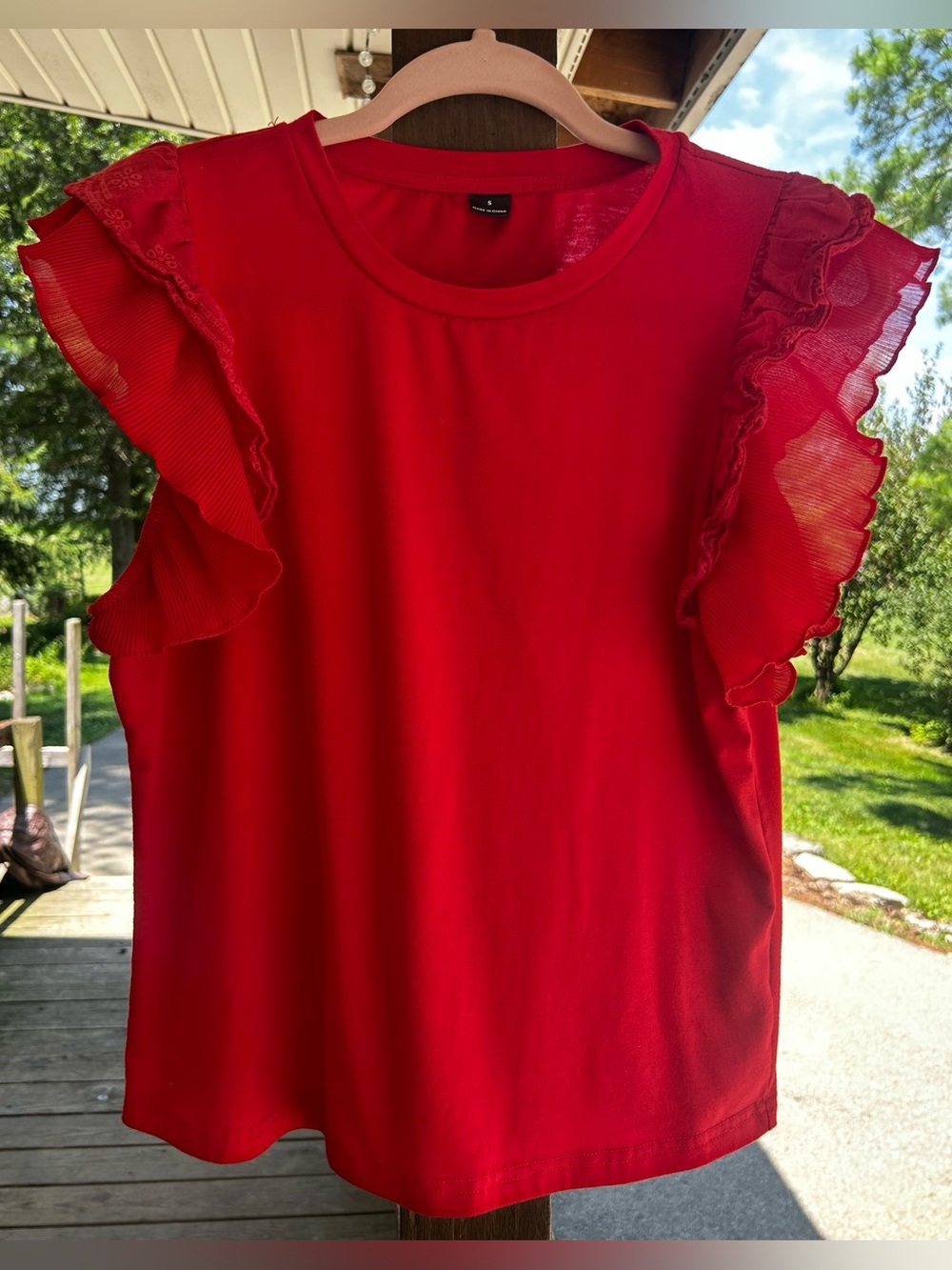 SHEIN Red Flutter Sleeve Blouse Women’s Small Ruffle Pleated Sleeve Top